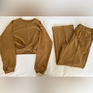 Tan Lounge Set XL Cropped Twist Top Drawstring Pants